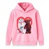 Kids hooded sweatshirt with cute white cartoon creature and brown teddy bear inside heart print,soft fabric loose fit, great for daily casual outfits.