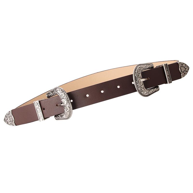 New Women's Belt, European and American Retro Carved Alloy Buckle Belt, Versatile Jeans and Clothing Double Buckle Belt