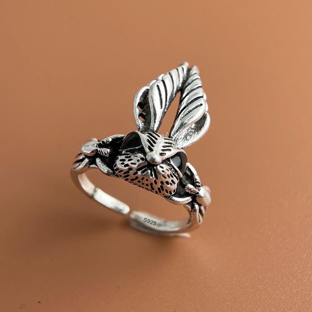 925 Sterling Silver Rings for Women Couple Minimalist Handmade Simple Wide Retro Rabbit Ring Fine Jewelry Gift Prevent Allergy