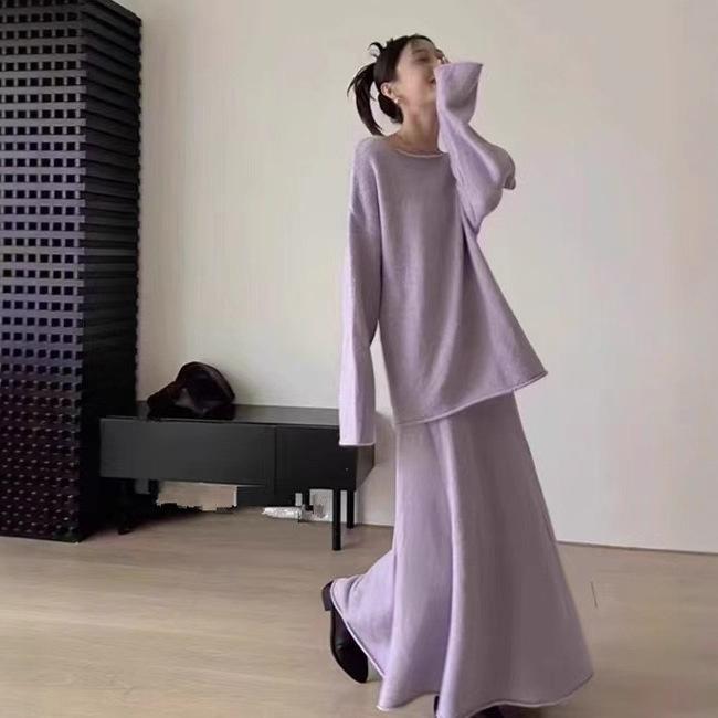 European and American Cross-border New Solid Color One-word Collar Loose Lazy Style Pullover Knitted Half-body Pleated Skirt Two-piece Set