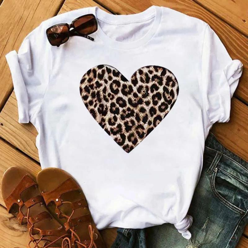 Leopard Love Heart Print Women Fashion T Shirt Black Female Short Sleeve Graphic Tops Women Sleeved Harajuk Streetwear Casual