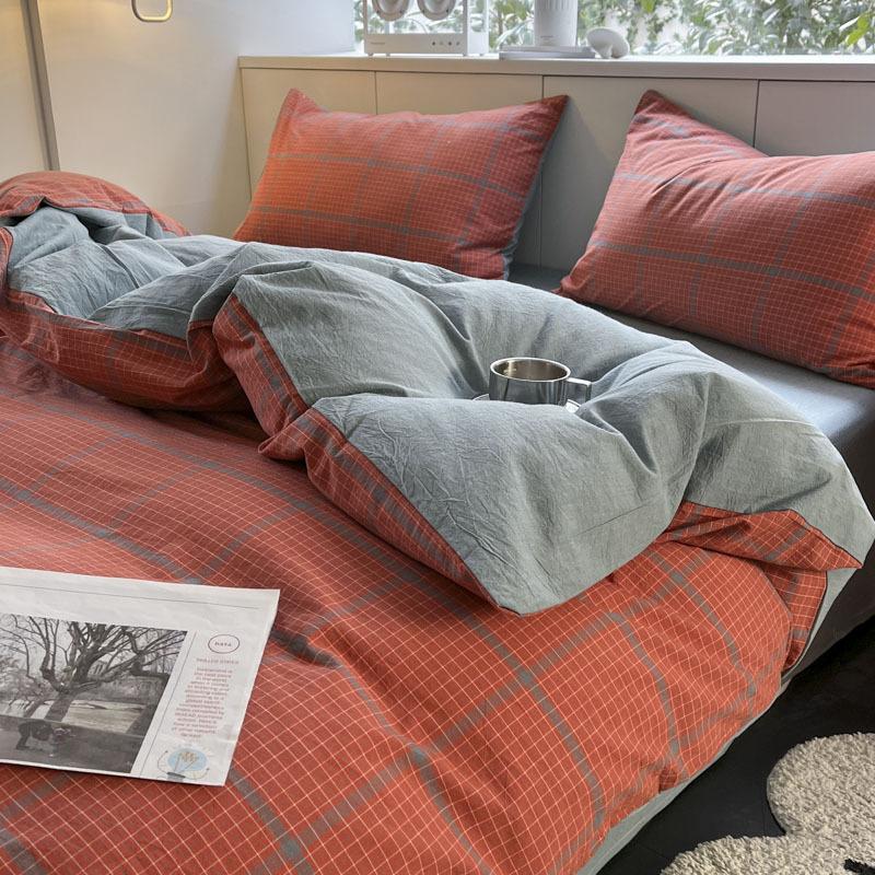 New Pure Cotton and Linen Double Yarn Four-piece Set Striped Print Single and Double Bed Sheets Bedding