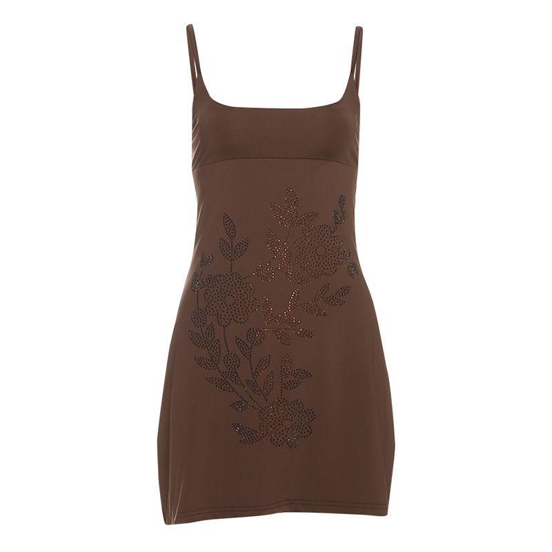 

Fashion Wind 2025 Spring New Arrival Women s Clothing Fashion Sexy Hot Drilling U Collar Backless Slim Fit Hip Spaghetti Straps Dress Brown S