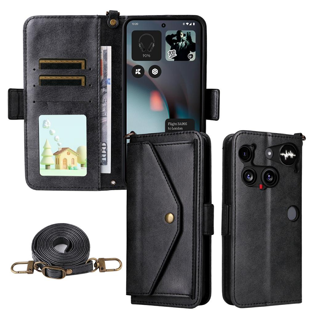 For Nothing Phone (3) 5G Leather Case Magnetic Closure Wallet Stand Phone Cover with Crossbody Strap