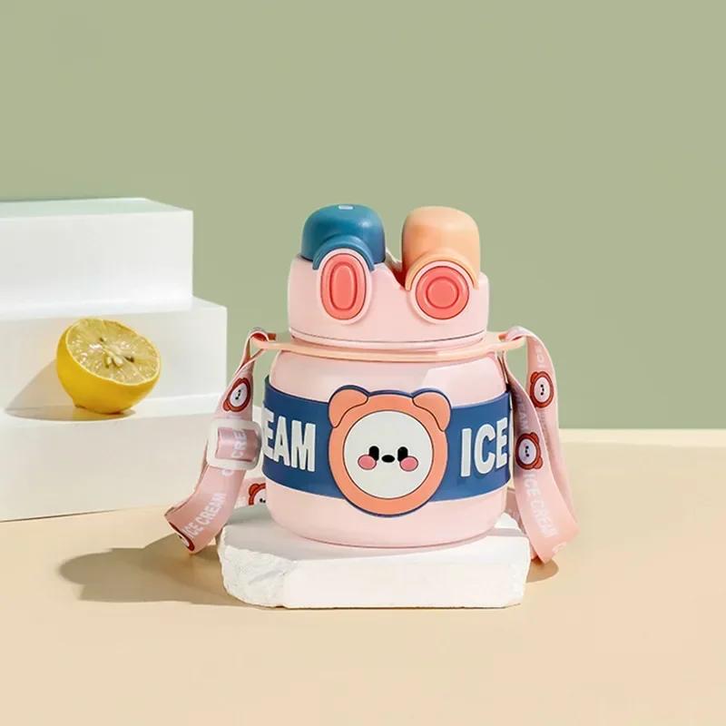 850ml Thermos Cup Stainless Steel Cartoon Vacuum Water Bottle with Straw for Children Outdoor Camping Vacuum Flasks Kids Gifts