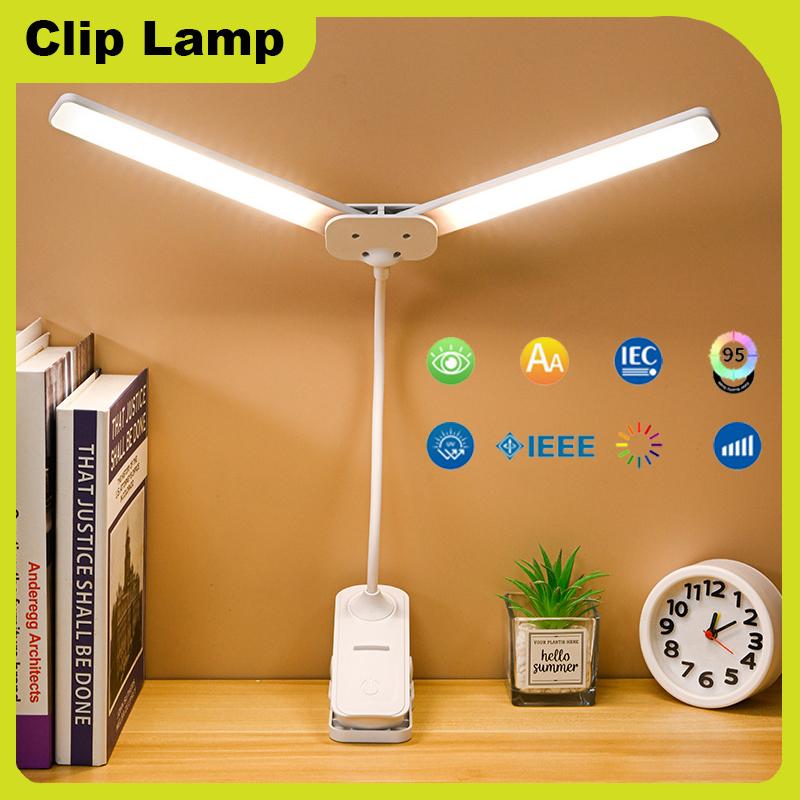 Dual Head LED Desk Lamp Foldable Eye Protection Dimmable Reading Light USB C Rechargeable Battery Lamps for Bedroom Dorm Study