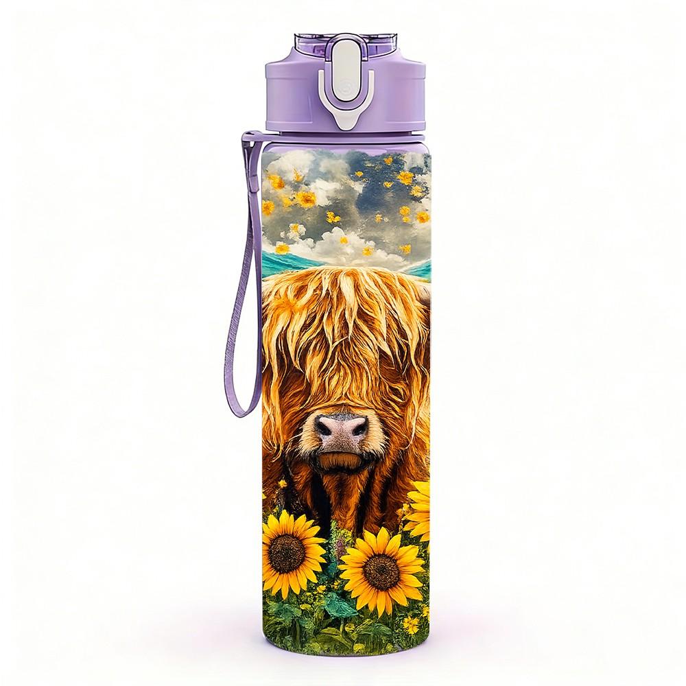 1PC Highland Cow Sunflower Mix Print 750ml Color Plastic Sports Water Bottle Leakproof Flip Straw Lid Suitable for Sports Office Home Use