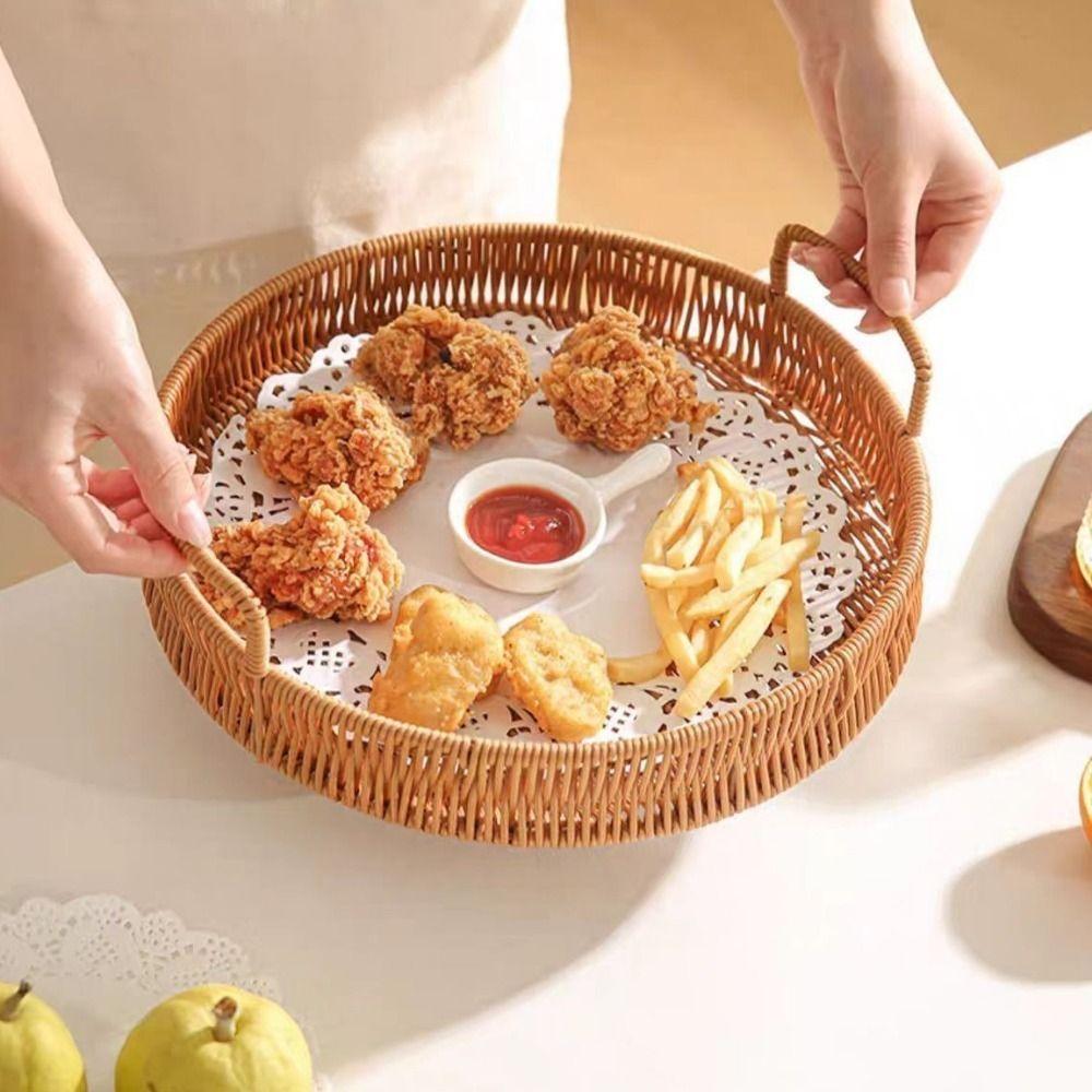 Handmade Round Rattan Storage Tray Plastic Dry Fruit Storage Tray  Bedroom