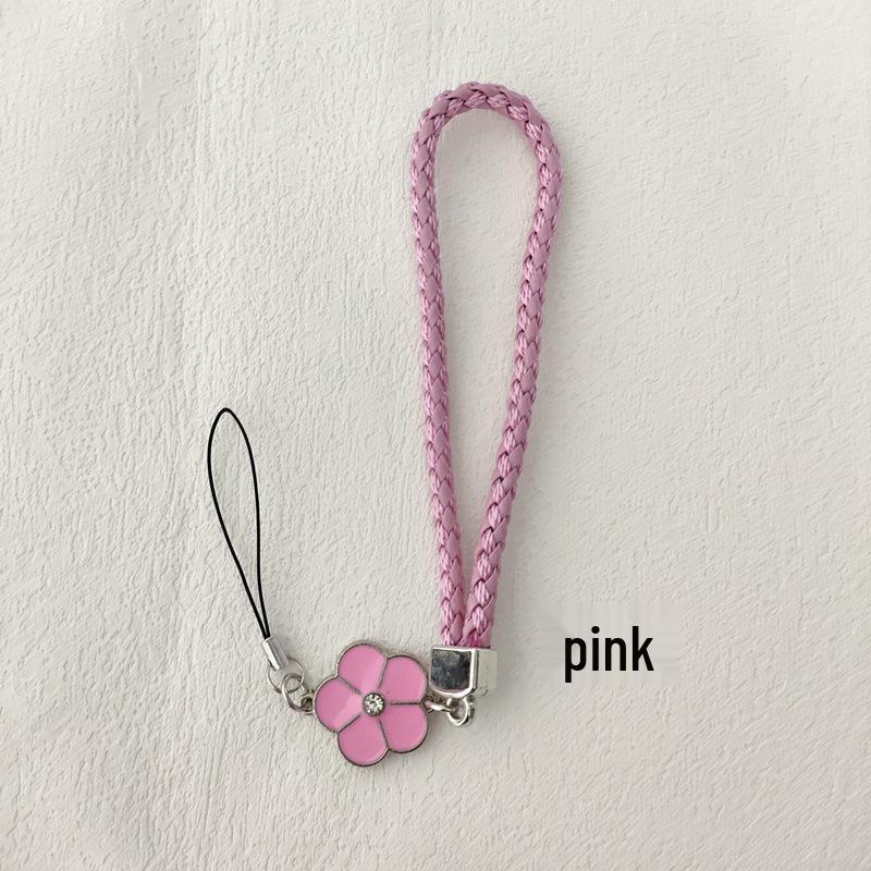 Camellia Four-Leaf Clover PU Leather Phone Wrist Lanyard with Nylon Woven Cord and Phone Case Pendant