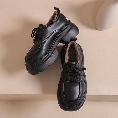 British Style Lace-up Small Leather Shoes Women's 2025 Winter New Versatile Retro Velvet Platform Heightening Loafers Ins