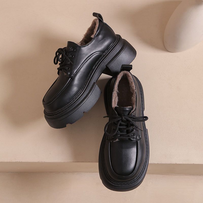 British Style Lace-up Small Leather Shoes Women's Winter Retro Velvet Platform Heightening Loafers Ins