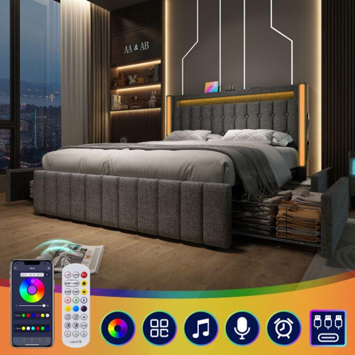 Lit Double - MUVOE - 160x200 Cm - Rembourré Avec USB Type C - Éclairage LED - 4 Tiroirs De Rangement