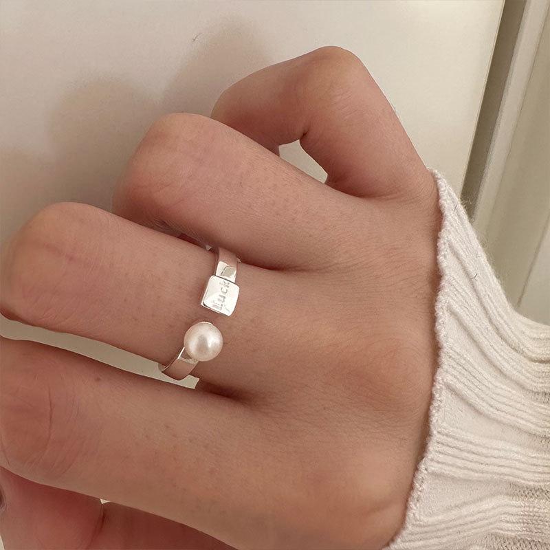 Xiaomi 925 Sterling Silver Geometric Letter Pearl Rings For Women Men Simple Korean Fashion Open Adjustable Handmade Ring Couple Gifts