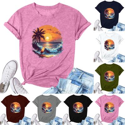 Damenmode Bedrucktes Lässiges Plissee Rundhals Kurzarm T-Shirt Top