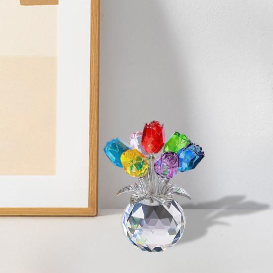 Faux Crystal Rose Flower Ornament Handmade Bouquet Figurine Mini Flower Vase Decoration Wife Girlfriend Women Wedding Anniversary Birthday Gift