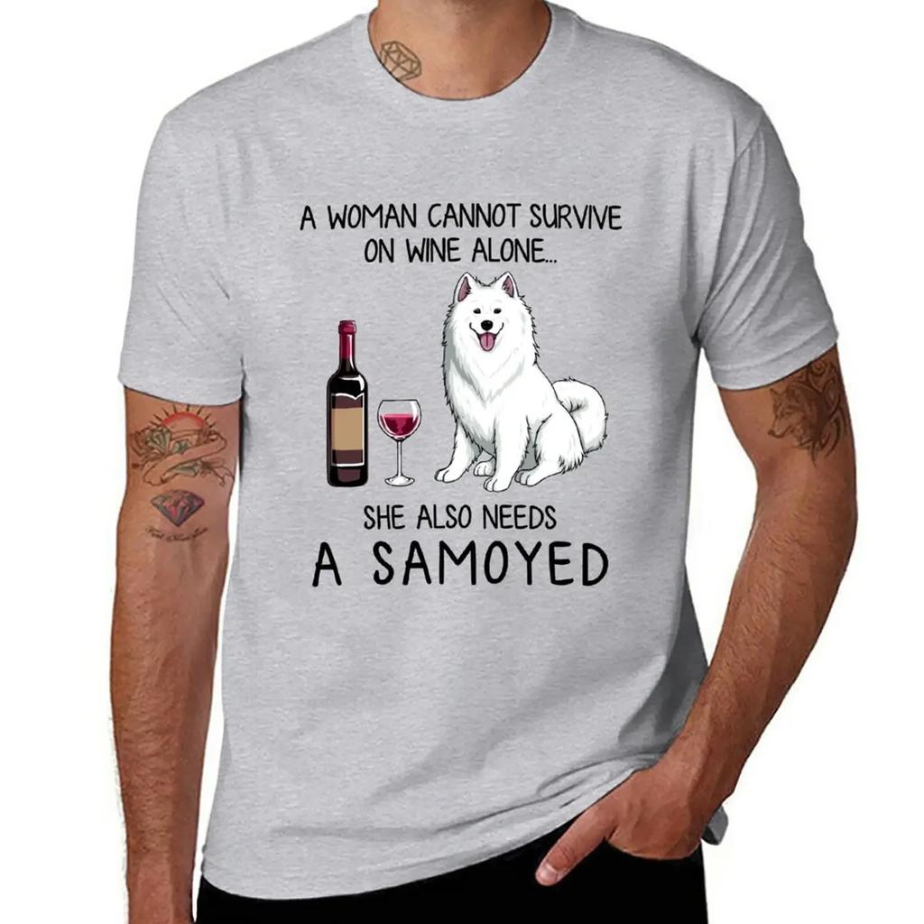 Samoyed and wine Funny gift for dog mom T-Shirt quick-drying tees summer top men clothes
