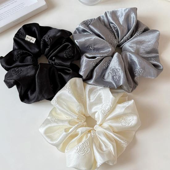Elástico de Cabelo Feminino Cor Pura Estampa de Camélia Alta Elasticidade Corda de Cabelo Cetim Liso Scrunchy de Cabelo Acessório de Cabelo Sem Danos