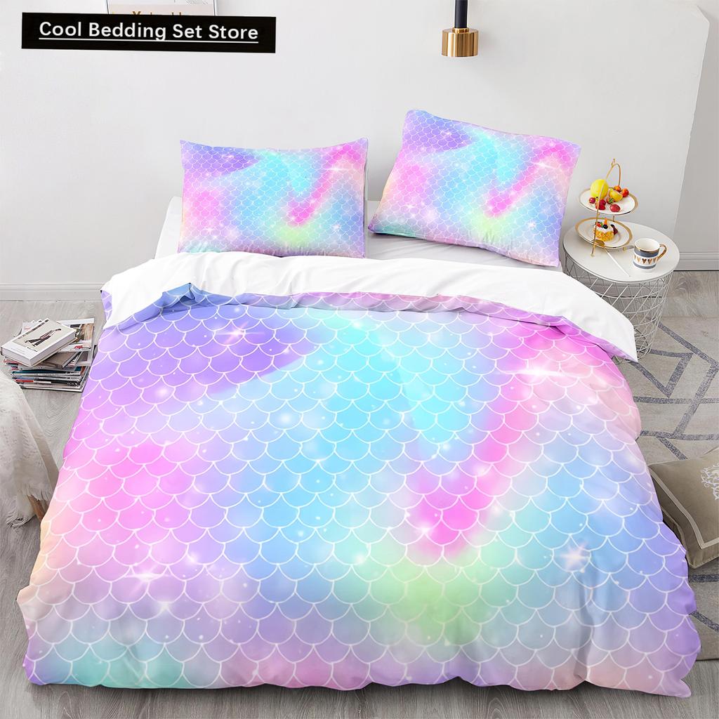 Mermaid Tail Duvet Cover King Queen Size Kids Fish Scales Bedding Set Girly Ocean Animal Princess 2/3pcs Polyester Quilt Cover