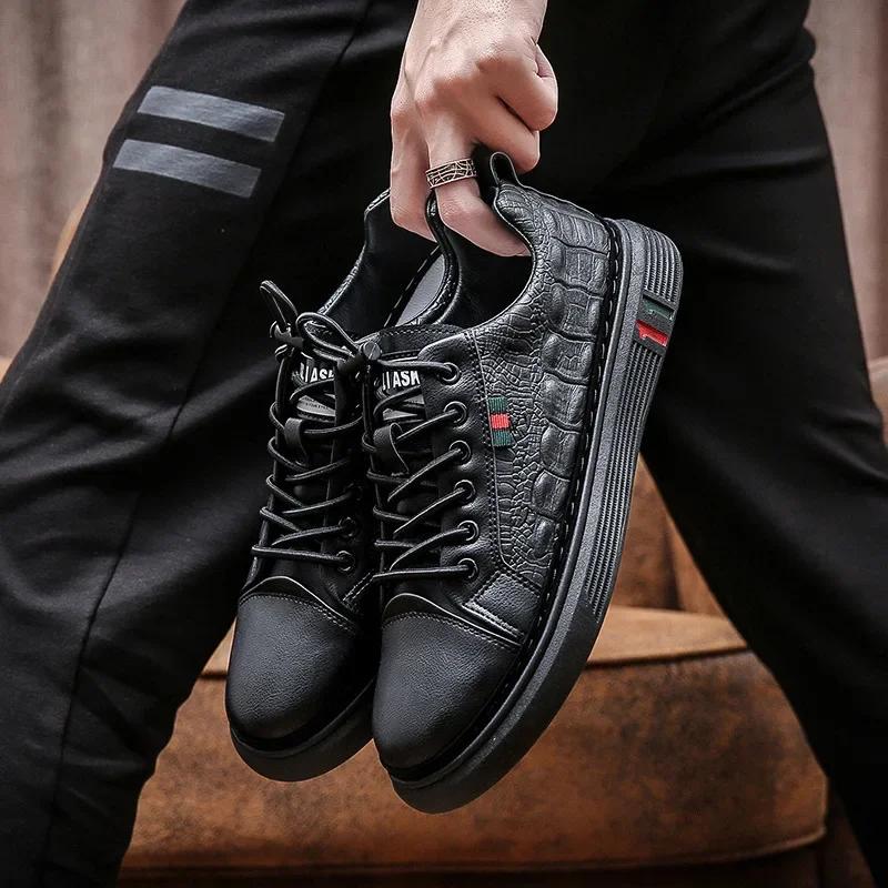 

Модные мужские повседневные кожаные туфли 2024 года, модные черные туфли на плоской подошве, новые мужские туфли без застежек из кожи, удобная обувь Tenis Para Hombre 42 чёрный