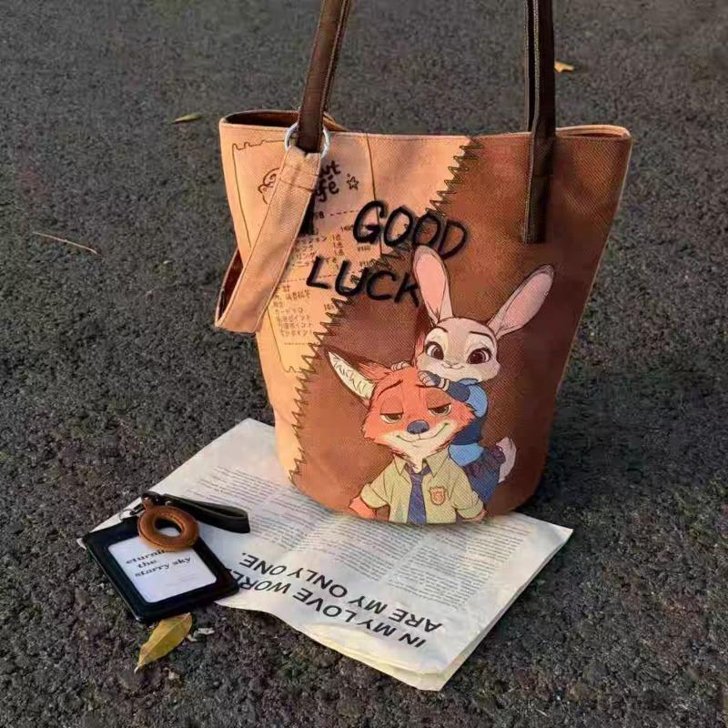 

Luck autumn and winter new cute illustration versatile shoulder bag contrasting color bucket bag large capacity commuting mommy canvas bag