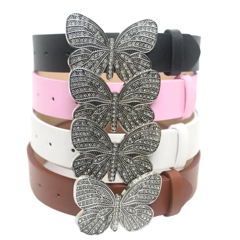 PU Waist Belt with Diamond Butterfly Buckle Adjustable Length Waist Belt Woman Girls Jeans Skirt Coat Decors Waistband