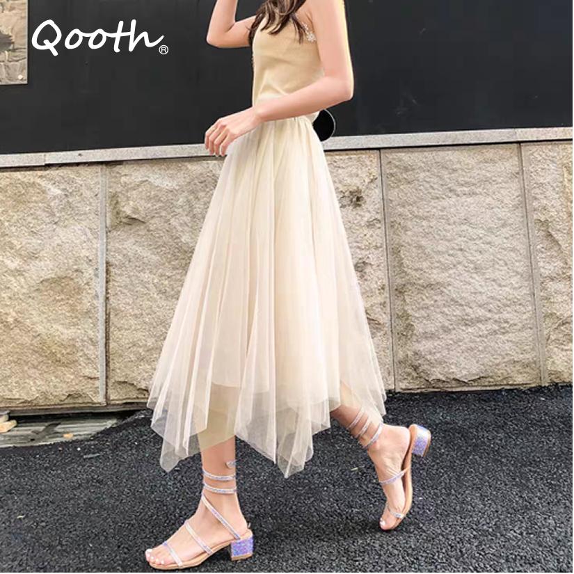 

Qooth Summer Asymmetrical Pleated Skirts Elastic Waisted Tulle Midi Skirt Elegant Simple Casual SkirtQT2582 Free Size чорний