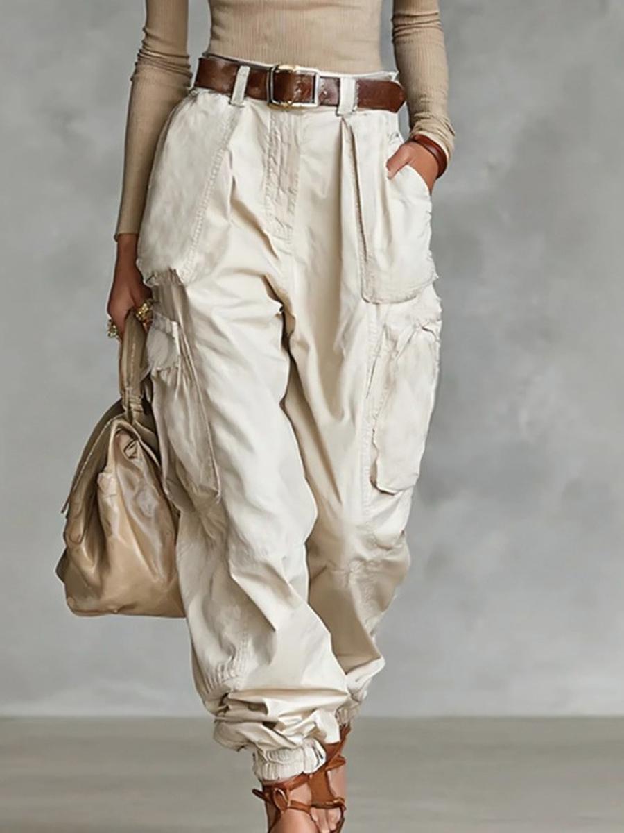 Street Multi-Pocket Workwear Pants Women Loose Wide Leg Casual Long Pants S абрикосовый