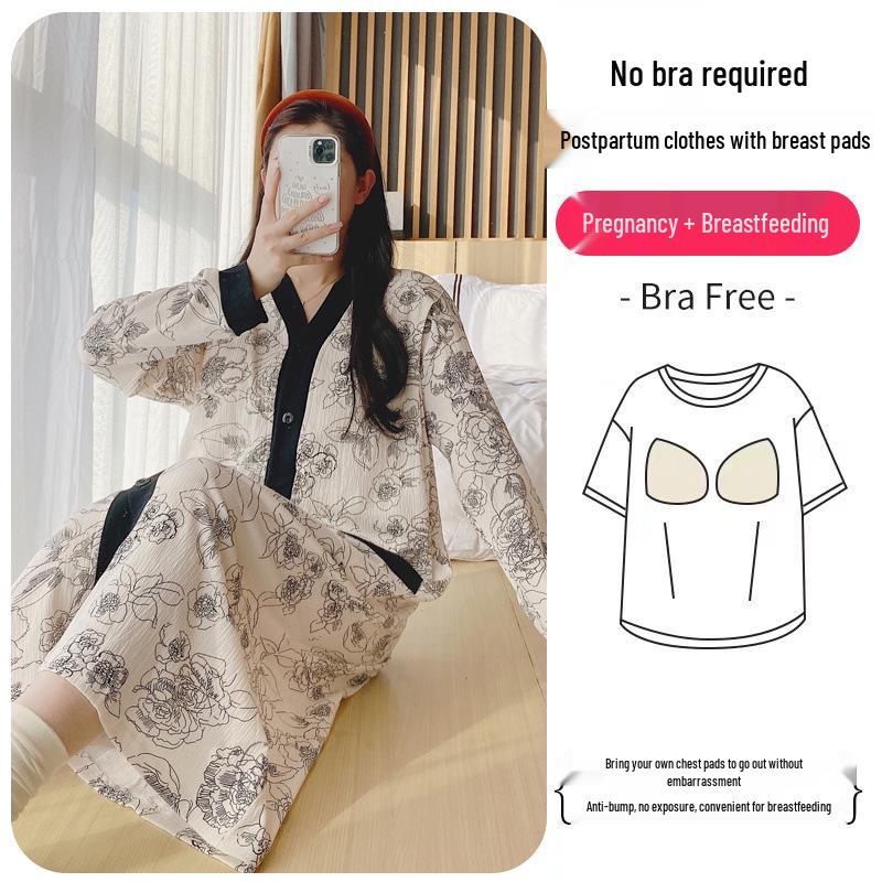 Long Sleeve Maternity Nightgown: Spring & Autumn Breastfeeding Pajamas with Cardigan for Pregnant Women