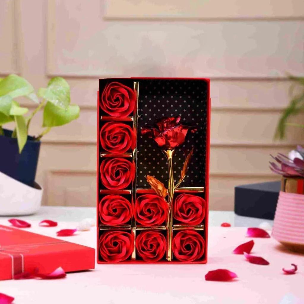 Plastic Red Rose for Valentine Day Gift Artificial Flower Red Love Gift Box 1 Red Rose and 9 Scented Red Rose Girlfriend Boyfriend