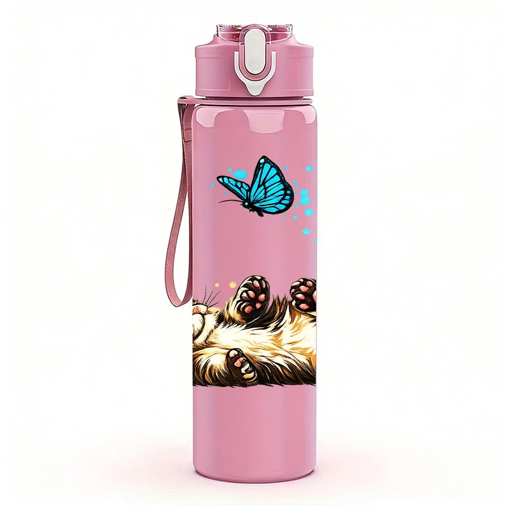 1PC Sleeping Cat Butterfly Art Print 750ml Color Plastic Sports Water Bottle Leakproof Flip Straw Lid Suitable for Sports Office Home Use