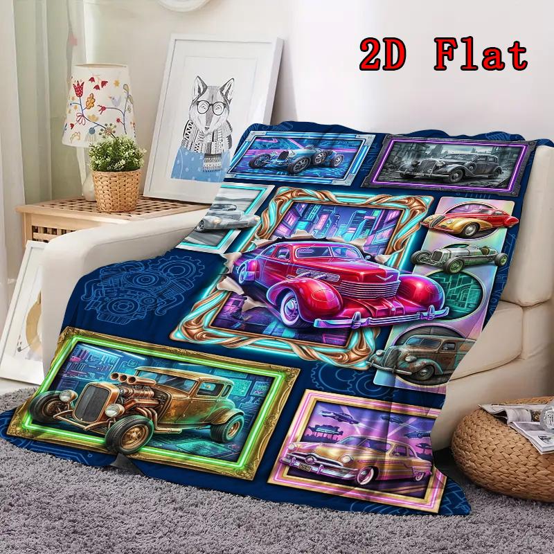 Classic Car Collage 2D Flat Pattern Flannel Blanket, High Quality All Seasons, Home Decor, Warmth and Comfort, Perfect for Christmas Gifts.