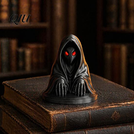 Secret Room Props Halloween Cloaked Ghost Figurine with Red Eyes, 3D Printed Matte Creative Gifts Black Gothic Ornament for Desk Cabinet Escape Decor