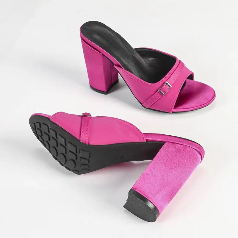 Fashion Chunky High Heel Slippers Women Sexy Open Toe Slide Sandals 2025 Summer Elegant Green Satin Non Slip Platform High Heels