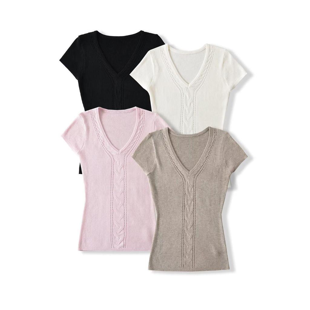 Slim-Fit V-Neck Cable Knit Short-Sleeve Sweater – Figure-Flattering Waist-Cinched Top