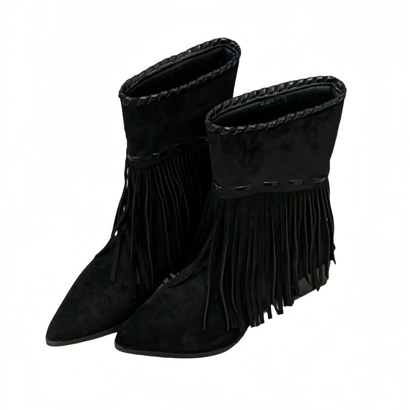 European and American wind slope heel pointed tassel high heel short boots