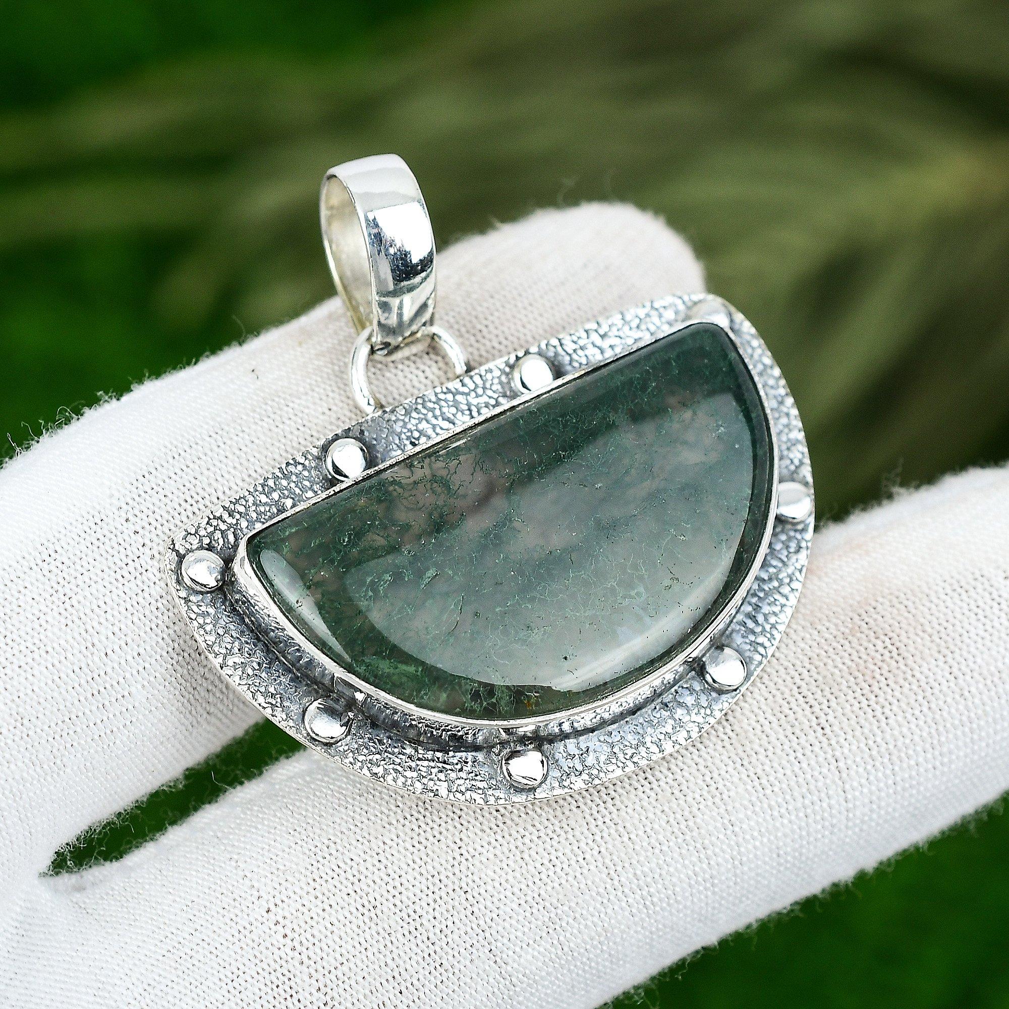 

Mothers day Deal Solar Moss Agate Stone Sterling Silver Sister Wedding Pendant
