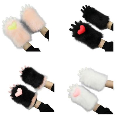 Plush Teens Cats Paw Glove Halloween Party Mitten Teenager Half Finger Glove