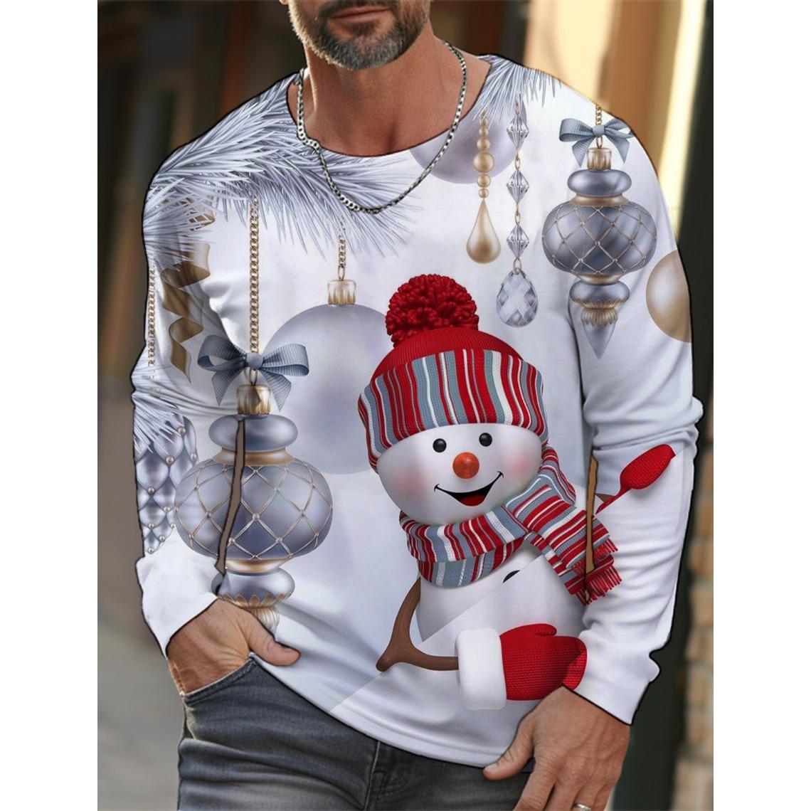 ETST0011 Heren Kerst Sneeuwvlok Print Lange Mouw T-shirt Kerst Cartoon Patroon Sport Casual Schattig Polyester Ronde Hals Lange Mouw XL
