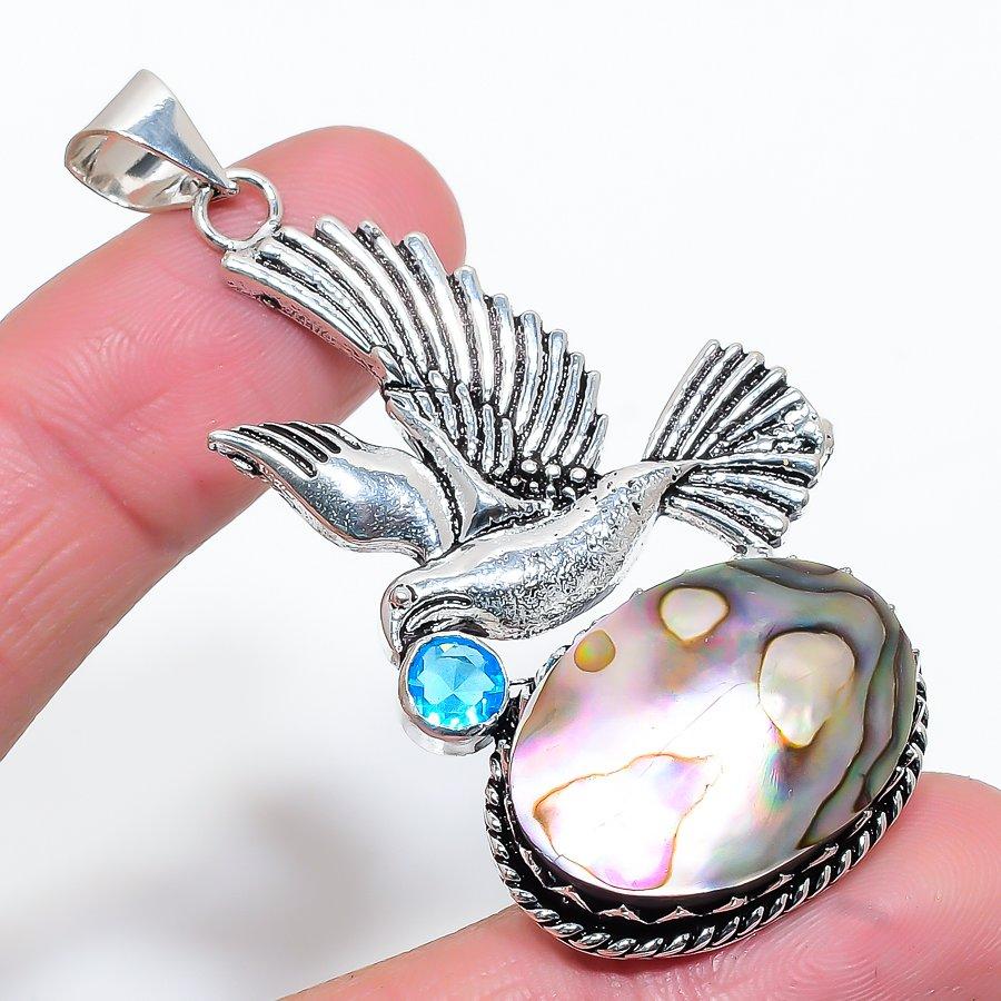 

Abalone Shell, Blue Topaz Gemstone Handmade Ethnic Jewelry Pendant 2.56 VR-4052