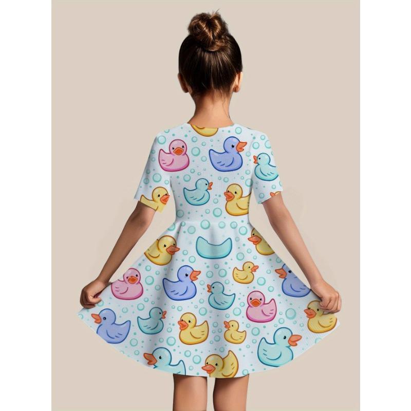 

Girls 3D Printed Short-Sleeve Dress with - A-Line Midi Length Dress Suitable for Casual Attire & Outfits 170
