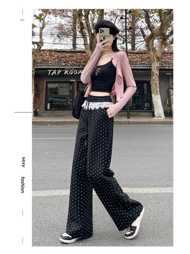 Women's High-Waist Polka Dot Lace Patchwork Wide-Leg Pants - Spring 2025 Collection