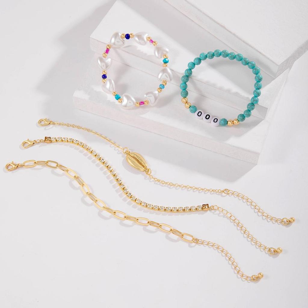 Cross Border Bohemian Style Imitation Turquoise Bead Shell Bracelet Vacation Style Letter Imitation Pearl Bracelet Set