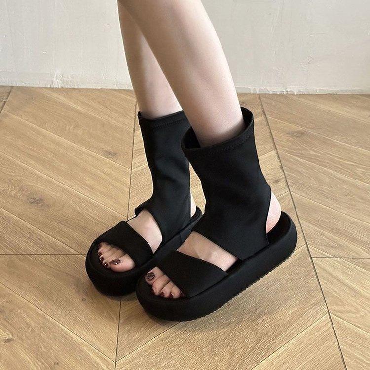 Thick-soled Roman cool boots 2025 new small summer fashion open-toed thin boots hollow short boots super soft height increase