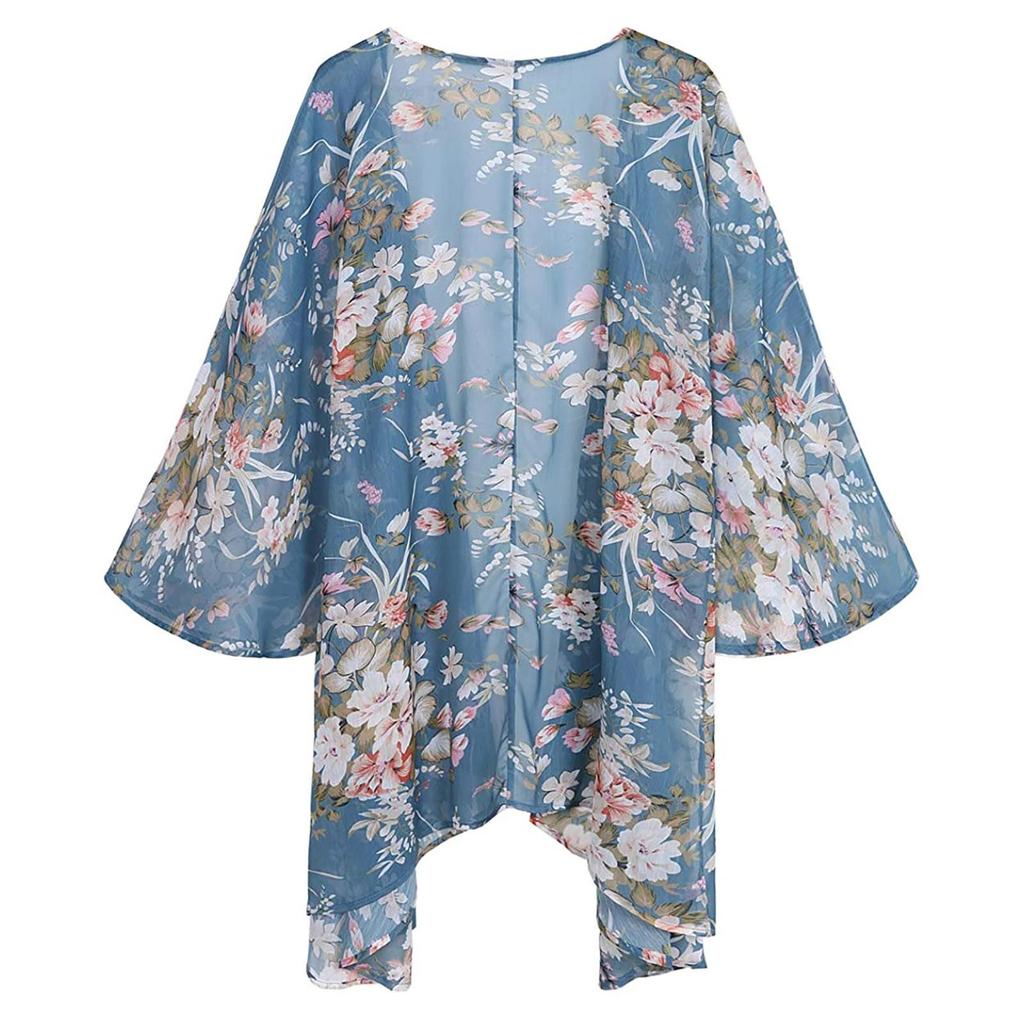 Damen Floral Print Durchsichtiges Chiffon Lockeres Kimono Cardigan Cape Sonnenschutz
