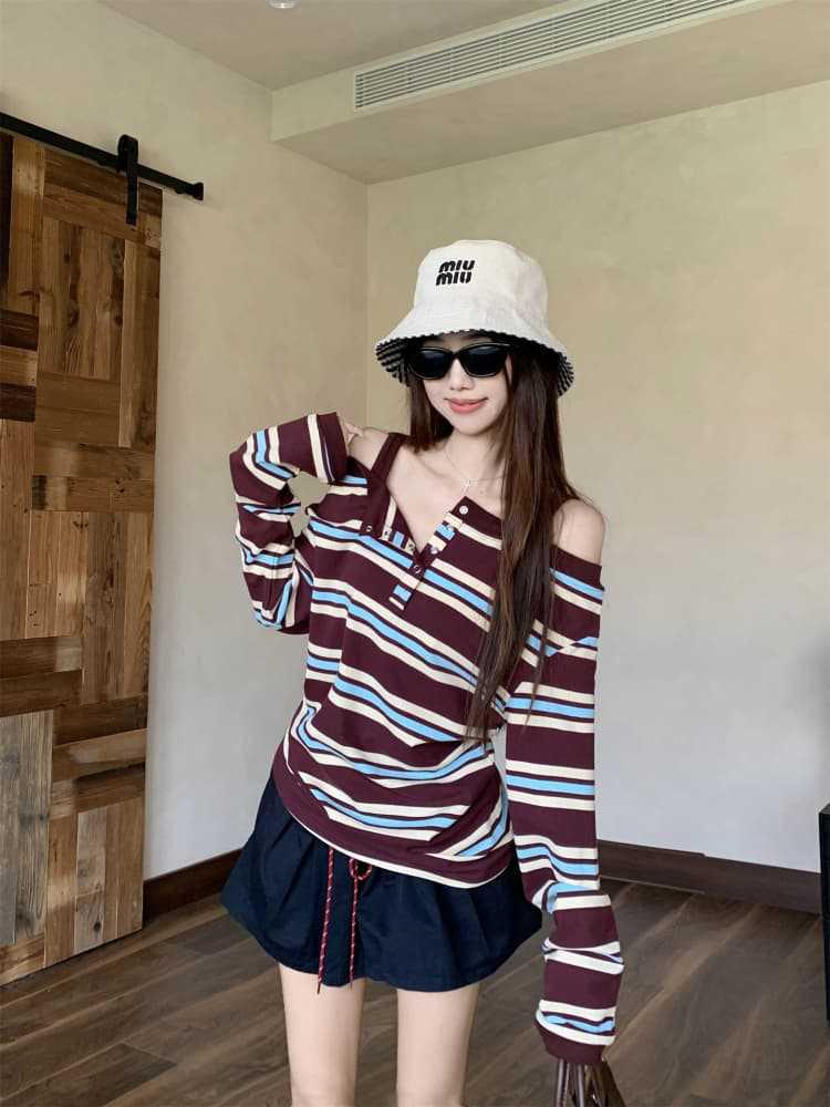Korean Style One-Shoulder Contrast Stripe Patchwork Long-Sleeve T-Shirt with Spaghetti Straps for Women - Spring/Autumn Chic Top