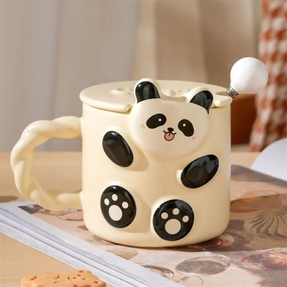 Pandamønster keramikkkopp med lokk og skje Kaffe Juice Yoghurtkopp Frokost Havregryn Melke Te Krus Kontor Vannkopp Jentegave