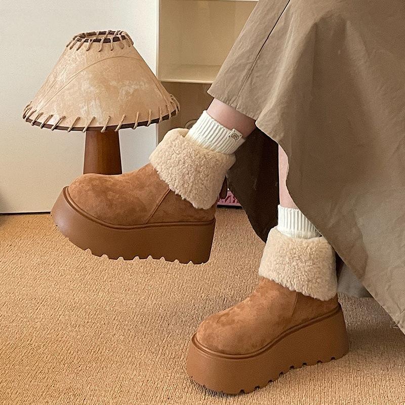 Thick-soled Heightening Snow Boots Women's  Winter Plush Warm Fluffy Short Boots Fashionable Ugly Cute Big-headed Cotton Shoes