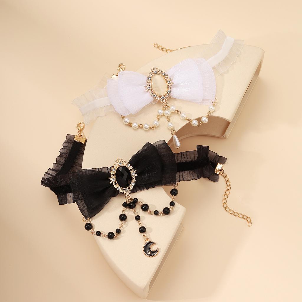 Harajuku Bead Tassel Lace Bow Choker, Minimal Elegant Short Neck Collar