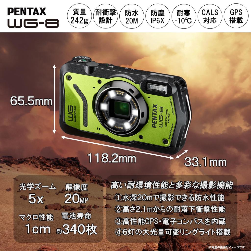 Appareil photo professionnel d'extérieur PENTAX WG-8 Vert [Étanche 20m] 20MP [Grand angle 28mm, Zoom optique 5x] [Équipé de 6 lampes annulaires multifonctions]