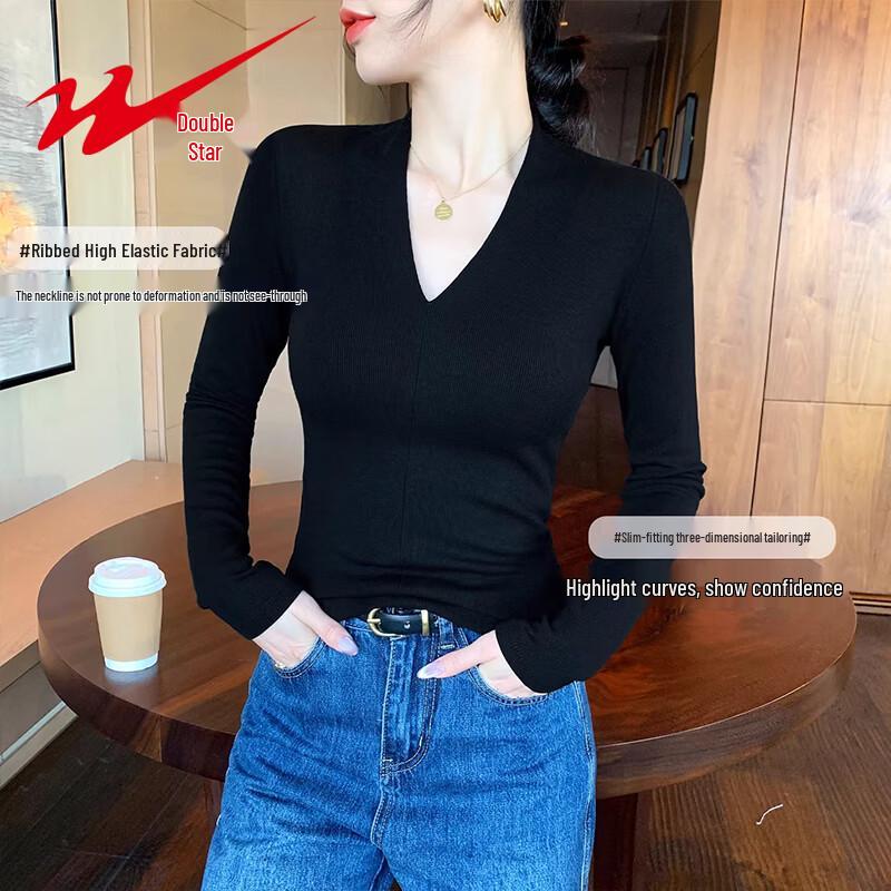 Women's Deep V-Neck Slim-Fit Long-Sleeve T-Shirt